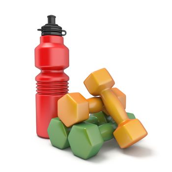 Plastic bottle and dumbbells 3D rendering illustration isolated on white background