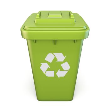 Green plastic recycle bin closed front view 3D render illustration isolated on white background