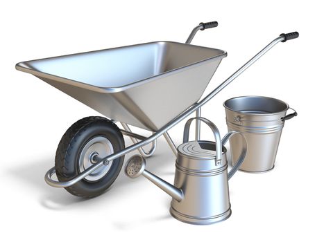 Wheelbarrow with watering can and metal bucket 3D render illustration isolated on white background