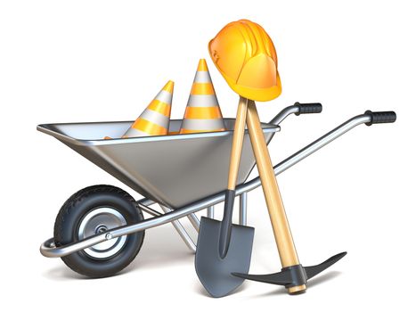 Wheelbarrow with shovel, pickaxe, traffic cones and hardhat 3D render illustration isolated on white background