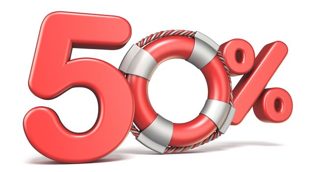 Life buoy 50 percent sign 3D render illustration isolated on white background