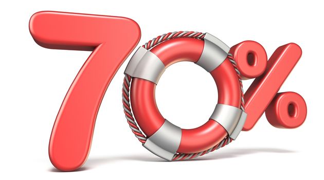 Life buoy 70 percent sign 3D render illustration isolated on white background