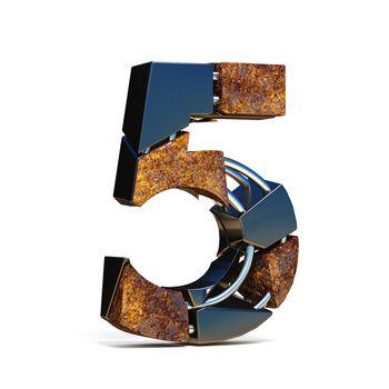 Black brown fracture font number 5 FIVE 3D rendering illustration isolated on white background