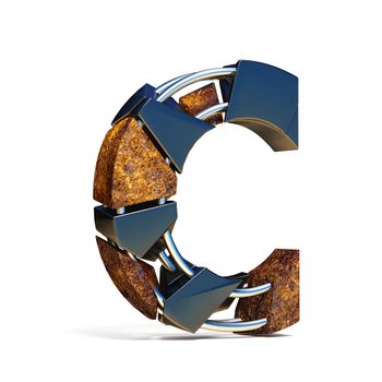 Black brown fracture font LETTER C 3D rendering illustration isolated on white background