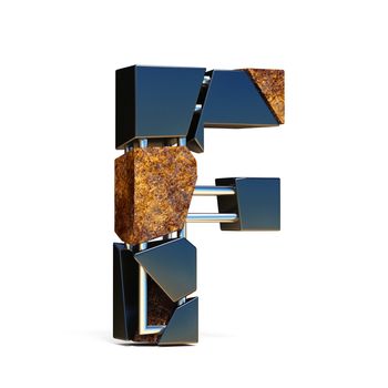 Black brown fracture font LETTER F 3D rendering illustration isolated on white background