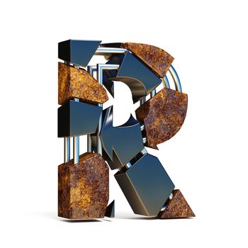 Black brown fracture font LETTER R 3D rendering illustration isolated on white background