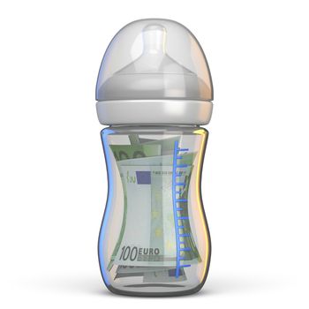 Baby bottle full of euro bills 3D rendering illustration isolated on white background