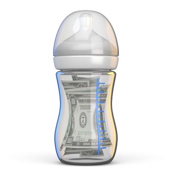 Baby bottle full of dollar bills 3D rendering illustration isolated on white background