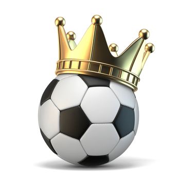 Golden crown on soccer ball 3D rendering illustration isolated on white background