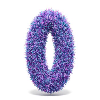 Purple faux fur number 0 ZERO 3D render illustration isolated on white background