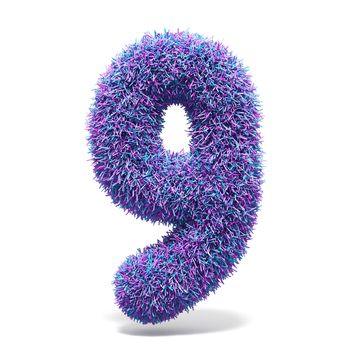 Purple faux fur number 9 NINE 3D render illustration isolated on white background