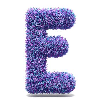 Purple faux fur LETTER E 3D render illustration isolated on white background