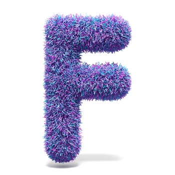 Purple faux fur LETTER F 3D render illustration isolated on white background