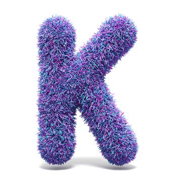 Purple faux fur LETTER K 3D render illustration isolated on white background