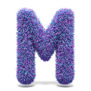 Purple faux fur LETTER M 3D render illustration isolated on white background