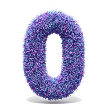 Purple faux fur LETTER O 3D render illustration isolated on white background