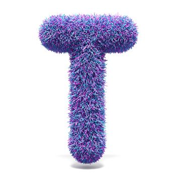 Purple faux fur LETTER T 3D render illustration isolated on white background