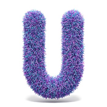 Purple faux fur LETTER U 3D render illustration isolated on white background