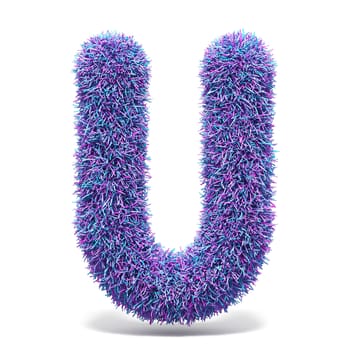 Purple faux fur LETTER U 3D render illustration isolated on white background