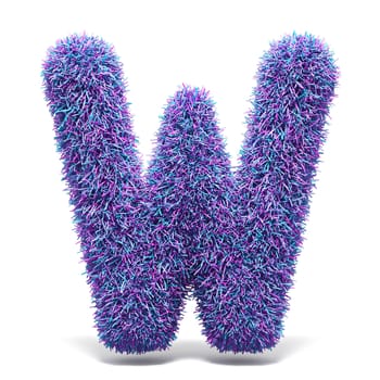 Purple faux fur LETTER W 3D render illustration isolated on white background