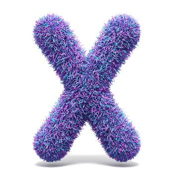 Purple faux fur LETTER X 3D render illustration isolated on white background