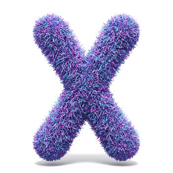 Purple faux fur LETTER X 3D render illustration isolated on white background