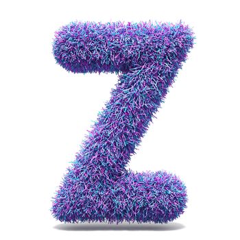 Purple faux fur LETTER Z 3D render illustration isolated on white background