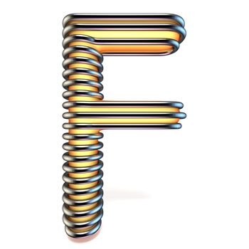 Orange yellow letter F in metal cage 3D render illustration isolated on white background