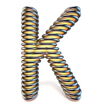 Orange yellow letter K in metal cage 3D render illustration isolated on white background