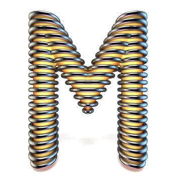 Orange yellow letter M in metal cage 3D render illustration isolated on white background