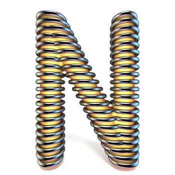 Orange yellow letter N in metal cage 3D render illustration isolated on white background
