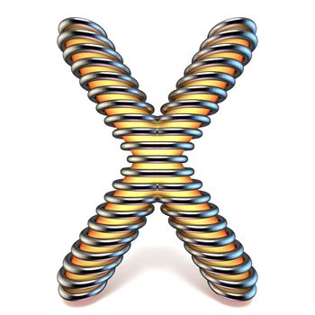 Orange yellow letter X in metal cage 3D render illustration isolated on white background