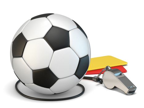 Football concept red and yellow cards, whistle and soccer ball 3D rendering illustration isolated on white background