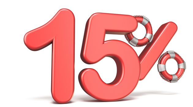 Life buoy 15 percent sign 3D render illustration isolated on white background