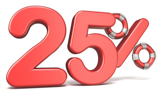 Life buoy 25 percent sign 3D render illustration isolated on white background