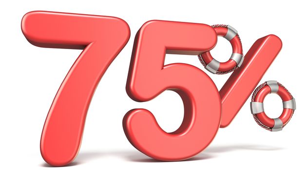Life buoy 75 percent sign 3D render illustration isolated on white background