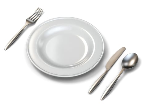 Plate, fork, knife and spoon side view 3D rendering illustration isolated on white background