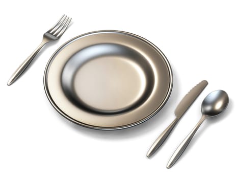 Metal plate, fork, knife and spoon side view 3D rendering illustration isolated on white background