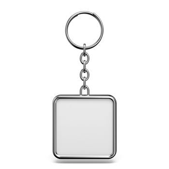 Blank metal trinket with a ring for a key square shape 3D  rendering illustration isolated on white background