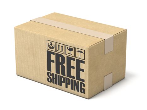 Free shipping cardboard box 3D rendering illustration isolated on white background