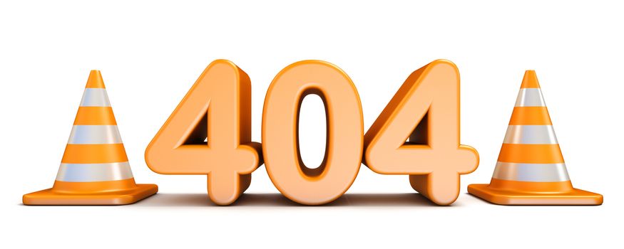 404 error and traffic cones 3D rendering illustration isolated on white background