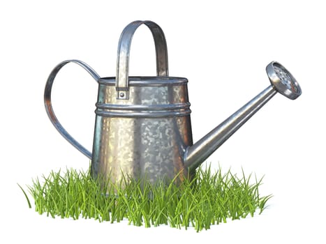 Watering can on grass 3D rendering illustration isolated on white background