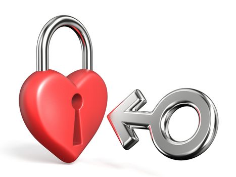 Heart shaped padlock and male sign 3D rendering illustration isolated on white background