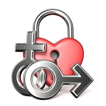 Heart shaped padlock, male and female sign 3D rendering illustration isolated on white background