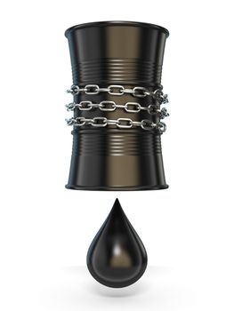 Black barrel squeezed by chain and oil drop 3D rendering illustration isolated on white background