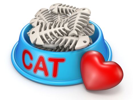 Cat food bowl and red heart 3D rendering illustration isolated on white background