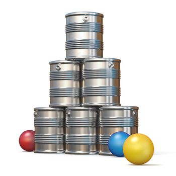 Tin cans and three balls 3D rendering illustration isolated on white background