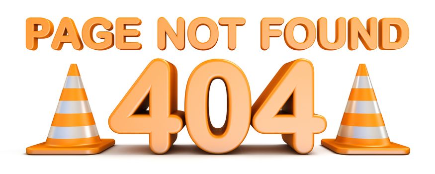Page not found 404 error and traffic cones 3D rendering illustration isolated on white background