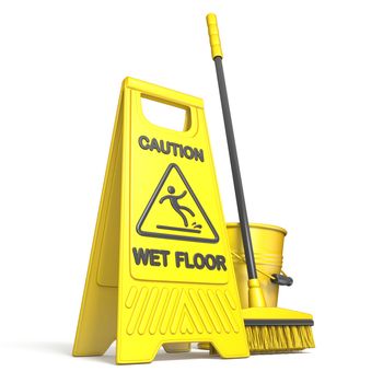 Yellow wet floor sign, bucket and mop 3D rendering illustration isolated on white background