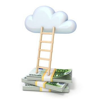 Cloud shape and ladder over euro banknotes 3D rendering illustration isolated on white background